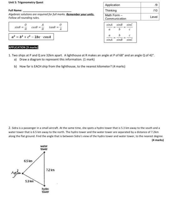 Solved Unit 5: Trigonometry Quest 19 Application Thinking | Chegg.com