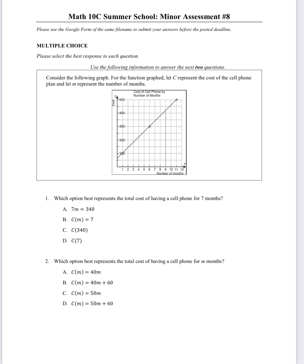 Solved Math 10C Summer School: Minor Assessment #8Please use | Chegg.com