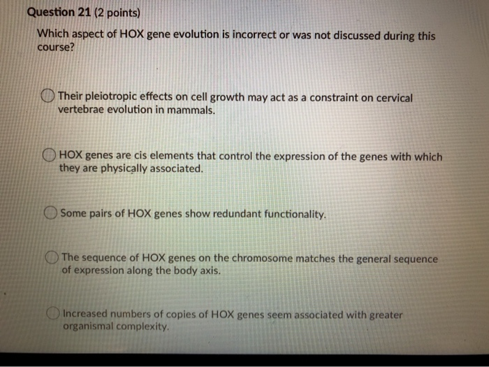 Solved Question 21 (2 points) Which aspect of HOX gene | Chegg.com