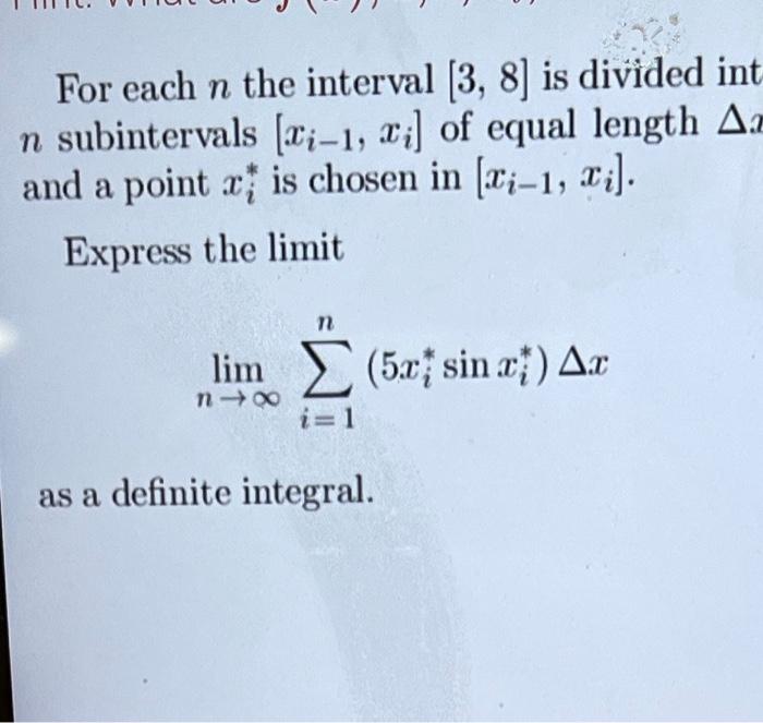 Solved For each n the interval [3,8] is divided int n | Chegg.com