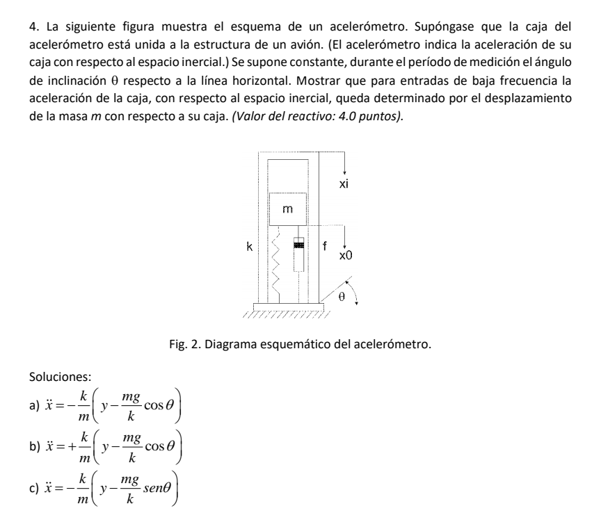 4. La siguiente figura muestra el esquema de un acelerómetro. Supóngase que la caja del acelerómetro está unida a la estructu