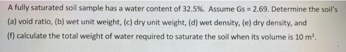Solved A fully saturated soil sample has a water content of | Chegg.com