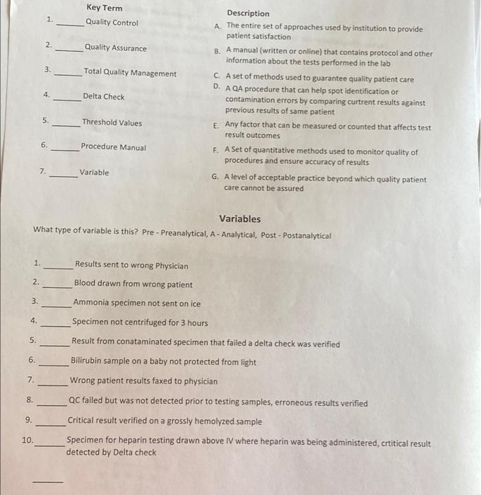 Solved Key Term Quality Control 1. 2 Quality Assurance 3 3. | Chegg.com