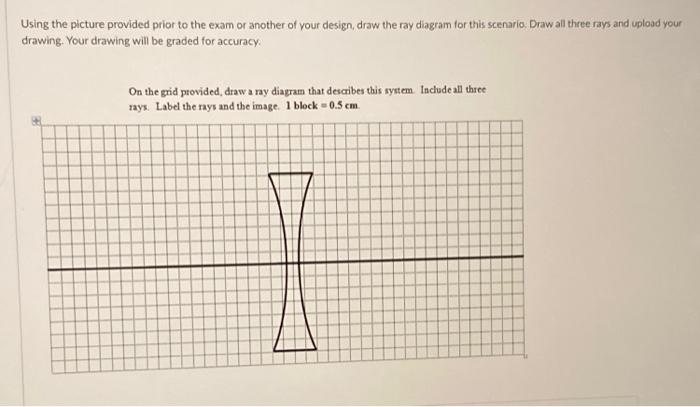 Using the picture provided prior to the exam or another of your design, draw the ray diagram for this scenario. Draw all thre