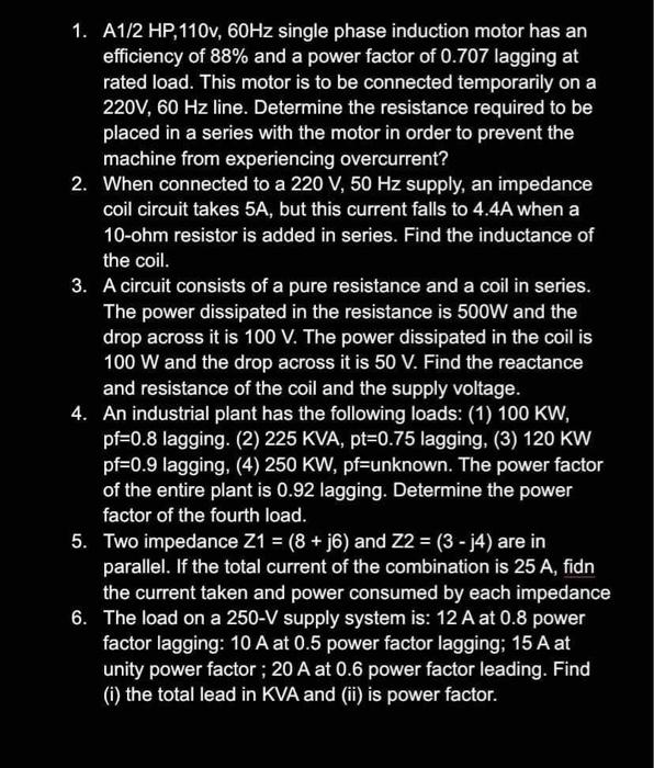 Solved 1. A1/2HP,110v,60 Hz single phase induction motor has | Chegg.com