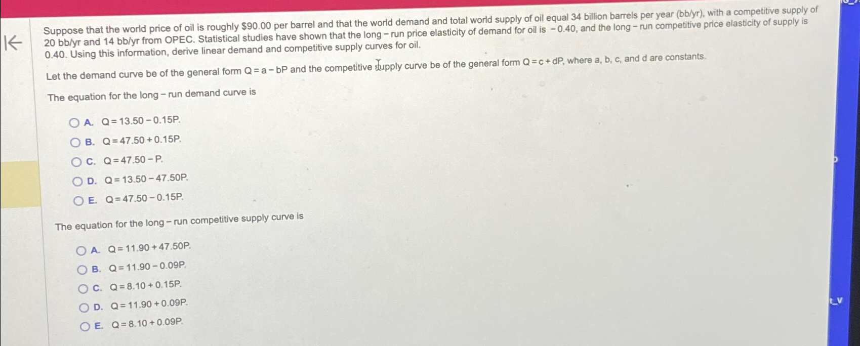 Solved 0.40 . ﻿Using this information, derive linear demand | Chegg.com