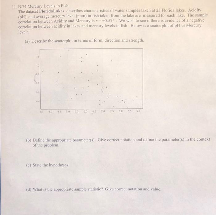 Solved 11. B.74 Mercury Levels In Fish The Dataset | Chegg.com