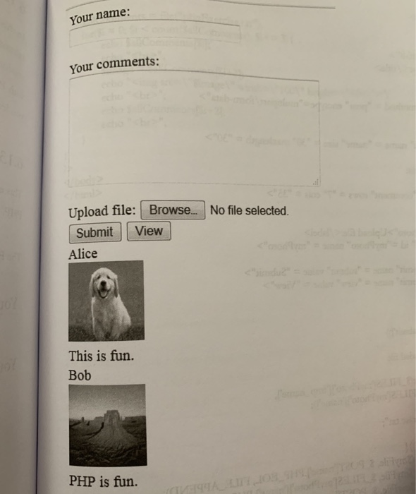 Your name: Your comments: Upload file: Browse... No file selected. Submit View Alice This is fun. Bob PHP is fun.