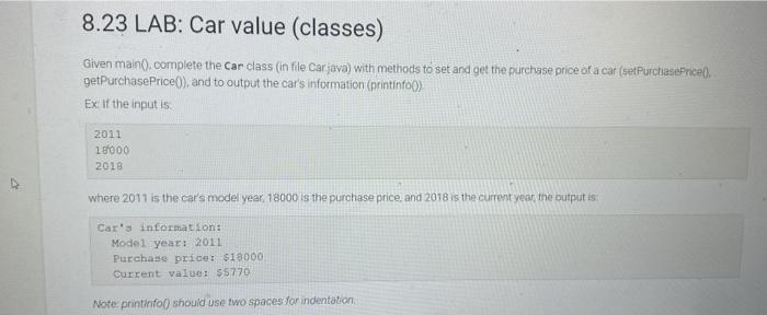 Solved Given main(), complete the Car class (in file | Chegg.com