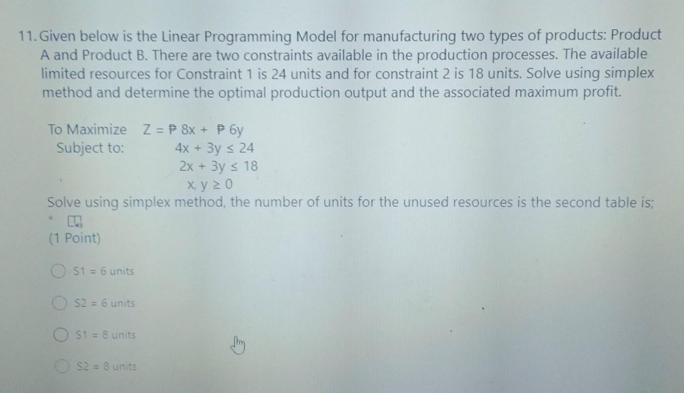 Solved 11. Given below is the Linear Programming Model for | Chegg.com