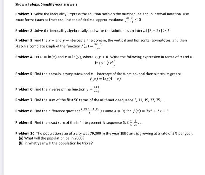 Solved Problem 1. Solve the inequality. Express the solution | Chegg.com