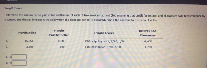 Solved Uauuoun Freight Terms Determine The Amount To Be Paid | Chegg.com