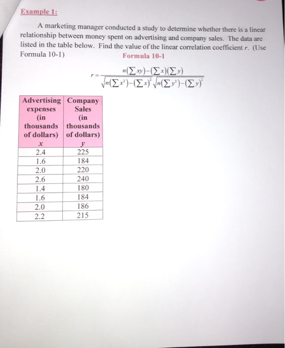 Solved Example 1: A marketing manager conducted a study to | Chegg.com