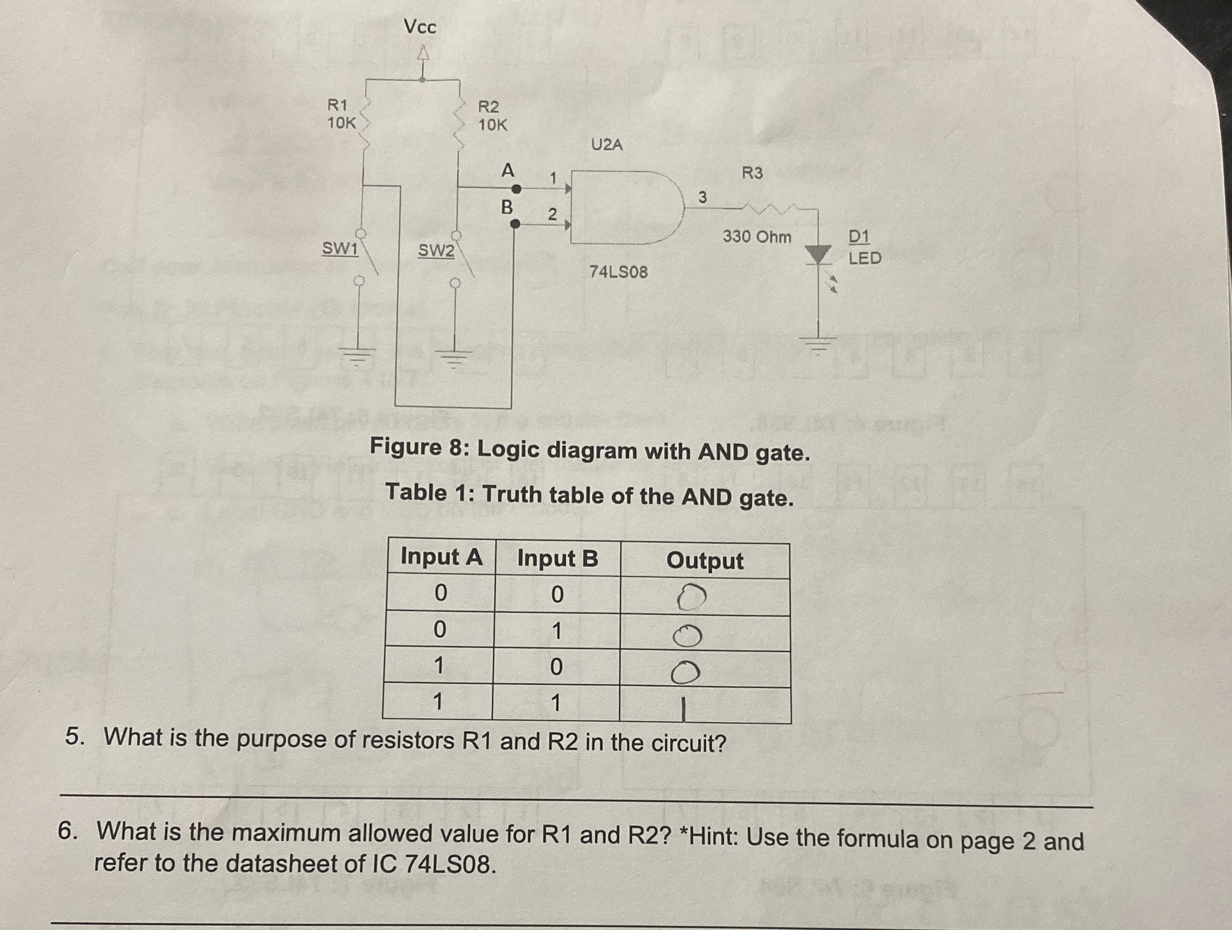 Solved Figure 8: Logic diagram with AND gate.Table 1: Truth | Chegg.com