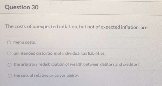 Solved Question 30 The Costs Of Unexpected Inflation, But | Chegg.com