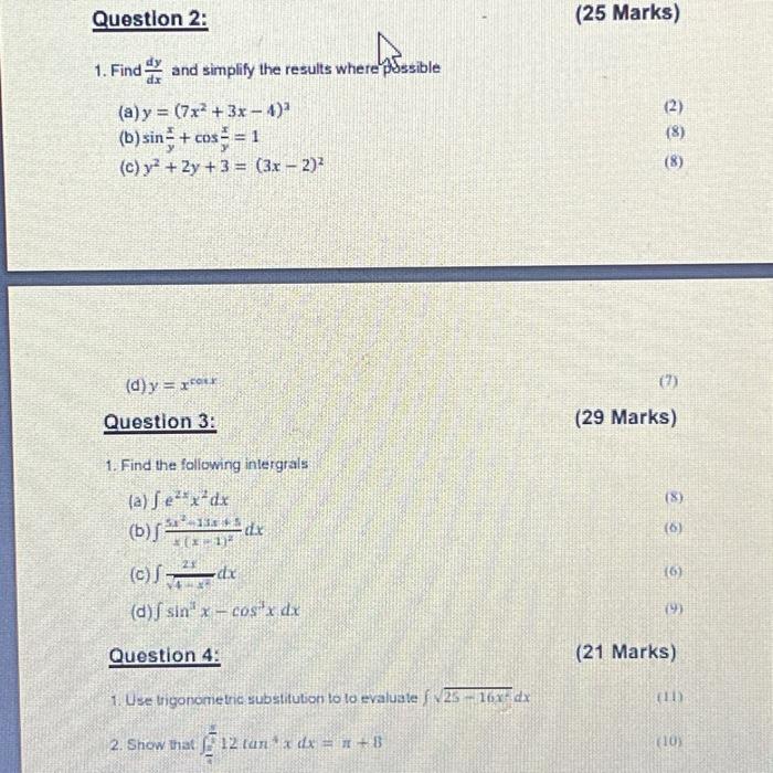 Solved Question 2: (25 Marks) 1. Find Dxdy And Simplify The | Chegg.com