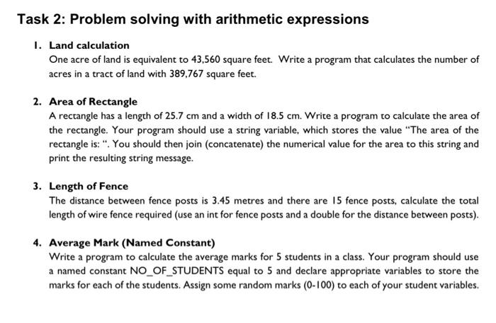 Solved Task 2: Problem solving with arithmetic expressions | Chegg.com