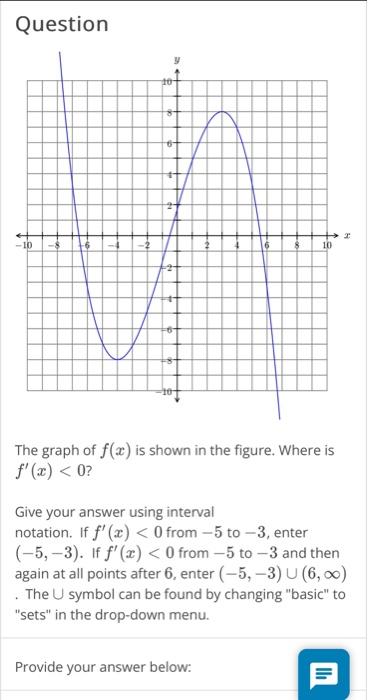 Question
The graph of \( f(x) \) is shown in the figure. Where is \( f^{\prime}(x)<0 ? \)
Give your answer using interval not