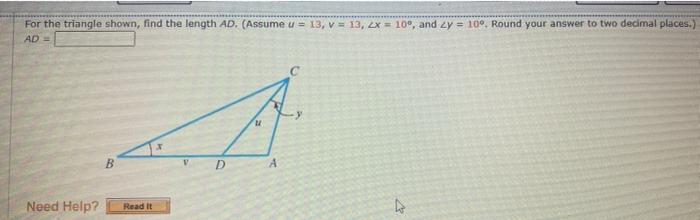 Solved For the triangle shown, find the length AD. (Assume u | Chegg.com