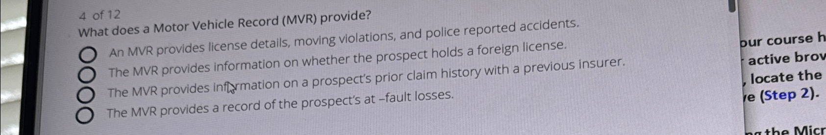 Solved 4 ﻿of 12What does a Motor Vehicle Record (MVR) | Chegg.com