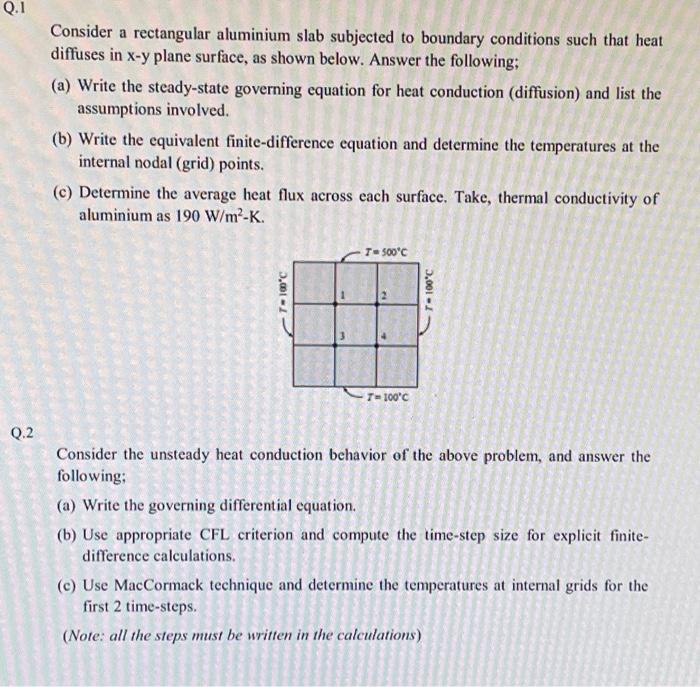 Consider a rectangular aluminium slab subjected to boundary conditions such that heat diffuses in \( x-y \) plane surface, as