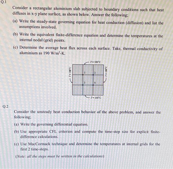 Consider a rectangular aluminium slab subjected to boundary conditions such that heat diffuses in \( x-y \) plane surface, as