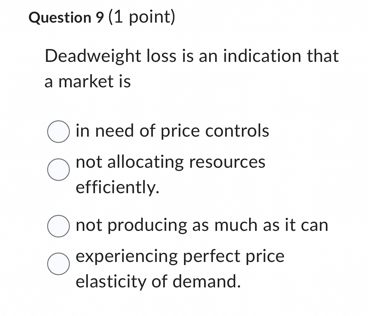 Solved Question 9 (1 ﻿point)Deadweight loss is an indication | Chegg.com