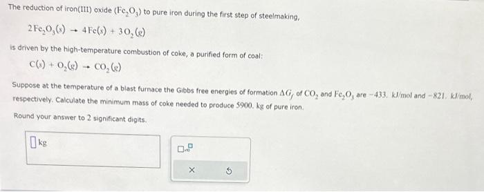 Solved The reduction of iron(III) oxide (Fe2O3) to pure iron | Chegg.com