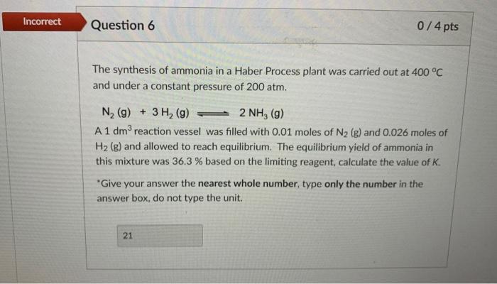 Solved The synthesis of ammonia in a Haber Process plant was | Chegg.com