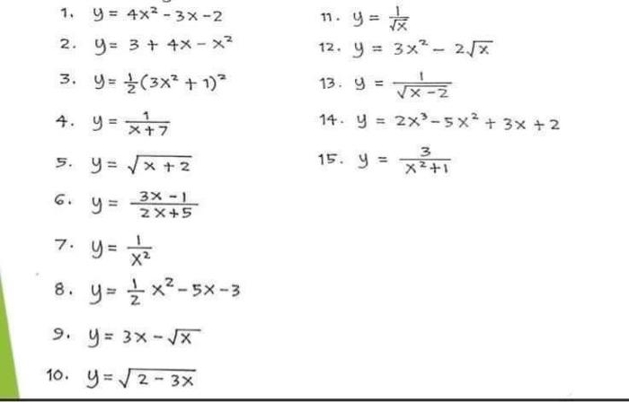 1. \( y=4 x^{2}-3 x-2 \) 11. \( y=\frac{1}{\sqrt{x}} \) 2. \( y=3+4 x-x^{2} \) 12. \( y=3 x^{2}-2 \sqrt{x} \) 3. \( y=\frac{1