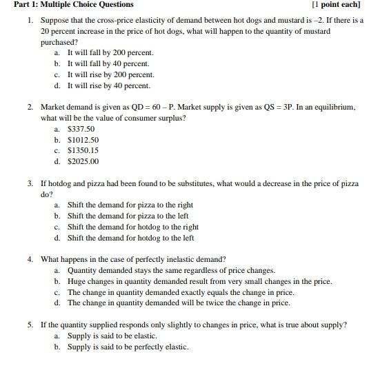 Solved Part 1: Multiple Choice Questions [1 point each] 1. | Chegg.com