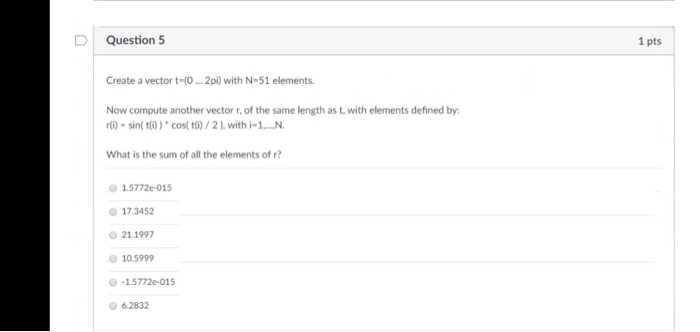 Solved Question 5 1 pts Create a vector t-(0... 2pi) with | Chegg.com