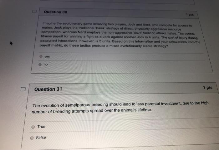 Solved Question 30 1 pts Imagine the evolutionary game | Chegg.com
