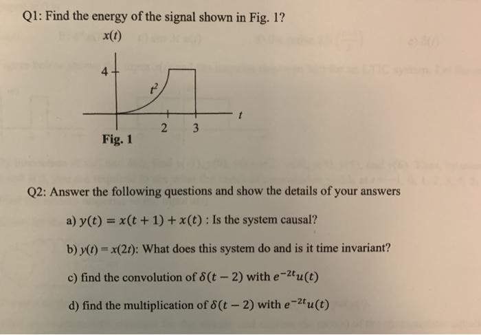 Solved Q1: Find the energy of the signal shown in Fig. 1? | Chegg.com