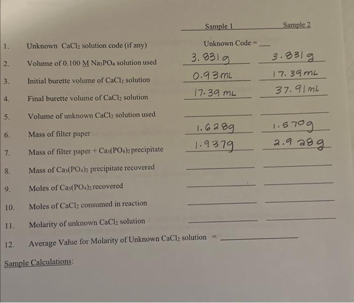 Solved Sample 1 Sample 2 1. Unknown CaCl2 solution code (if | Chegg.com