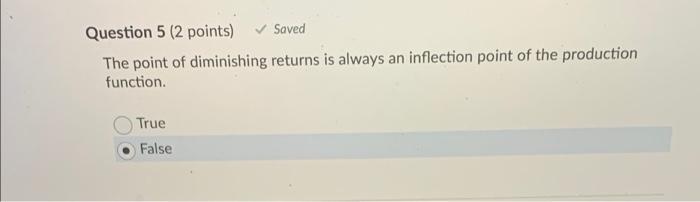 Solved Question 5 (2 points) Saved The point of diminishing | Chegg.com