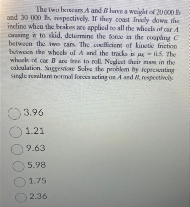 Solved The Two Boxcars A And B Have A Weight Of 20000lb And | Chegg.com