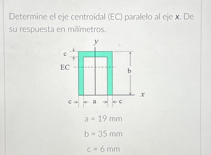 Determine el eje centroidal (EC) paralelo al eje \( \boldsymbol{x} \). De su respuesta en milímetros. \[ \begin{array}{l} a=1