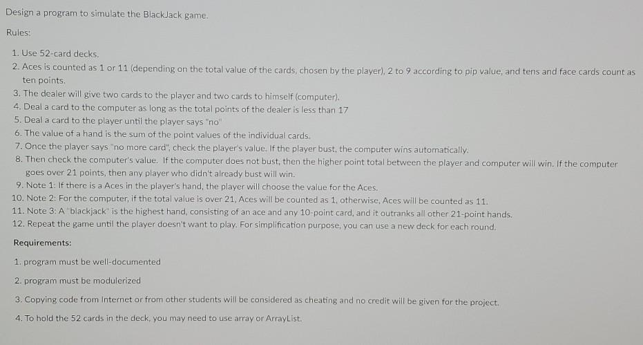 Solved Design a program to simulate the Blackjack game. | Chegg.com