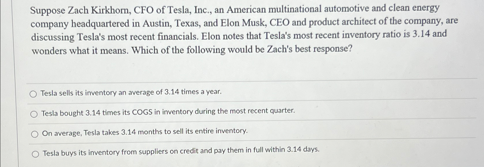 Solved Suppose Zach Kirkhorn, CFO of Tesla, Inc., an | Chegg.com