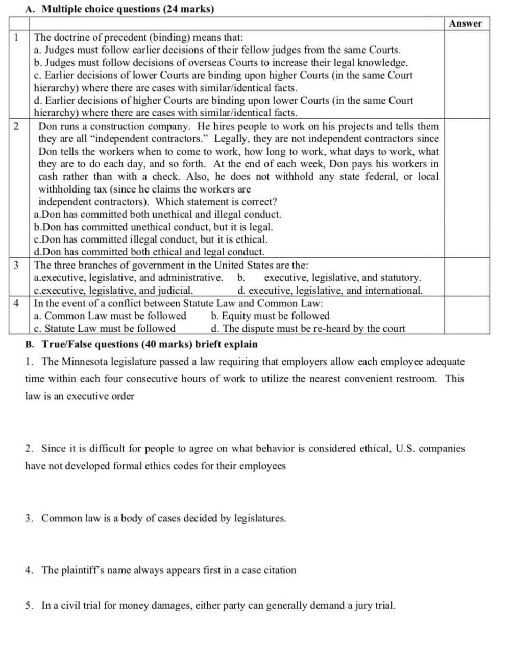 Solved A. Multiple Choice Questions (24 Marks) Answer 1 2 | Chegg.com