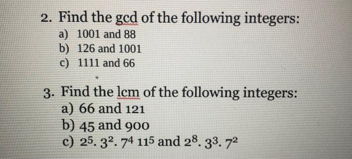 Solved 2. Find the gcd of the following integers: a) 1001 | Chegg.com