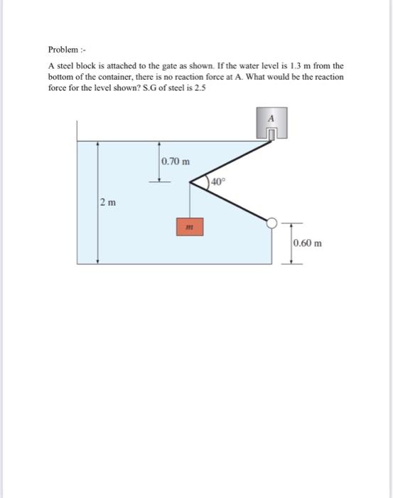 Problem :-
A steel block is attached to the gate as shown. If the water level is \( 1.3 \mathrm{~m} \) from the bottom of the