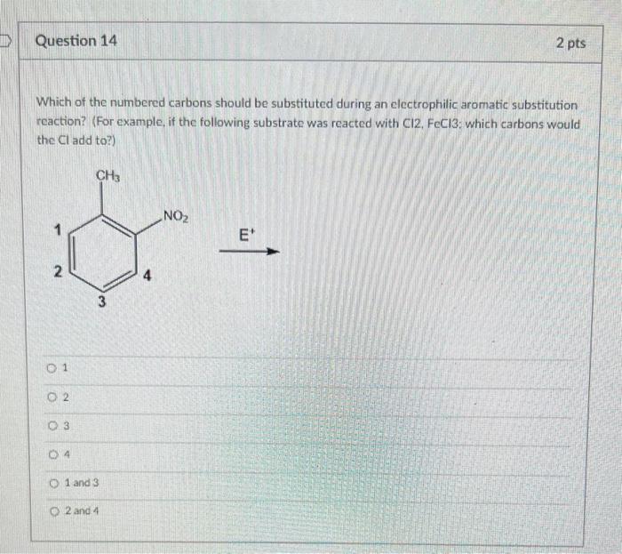 Which of the numbered carbons should be substituted during an electrophilic aromatic substitution reaction? (For example, if 