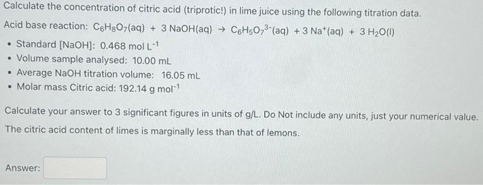 Solved Calculate The Concentration Of Citric Acid | Chegg.com