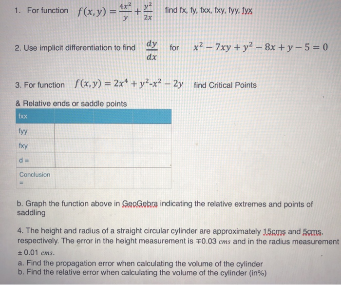 Solved 1 For Function F X Y 4x2 Y2 Find Fx Fy Fxx