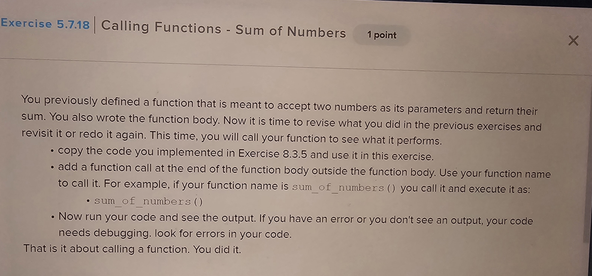 Solved Exercise 5.7 .18Calling Functions - ﻿Sum of Numbers, | Chegg.com