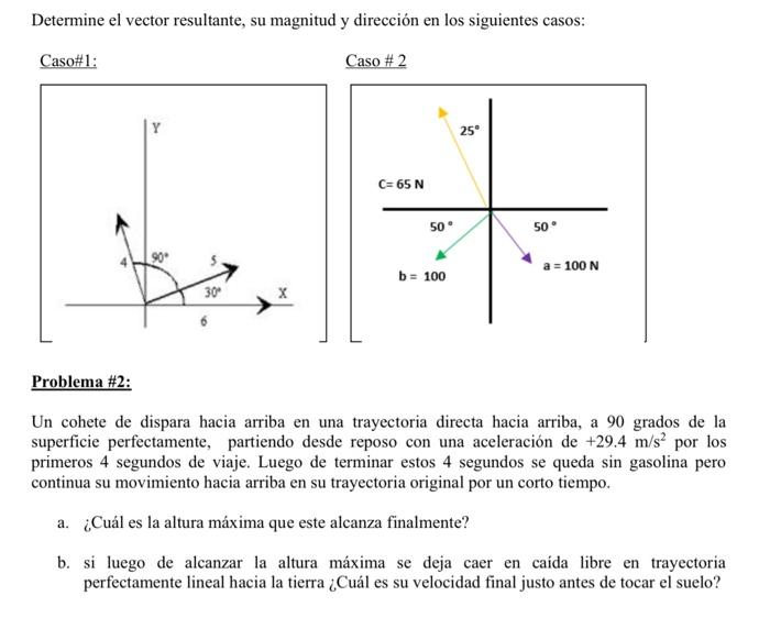 Determine el vector resultante, su magnitud y dirección en los siguientes casos: Caso\#1: Caso \#2 [ Problema \#2: Un cohete