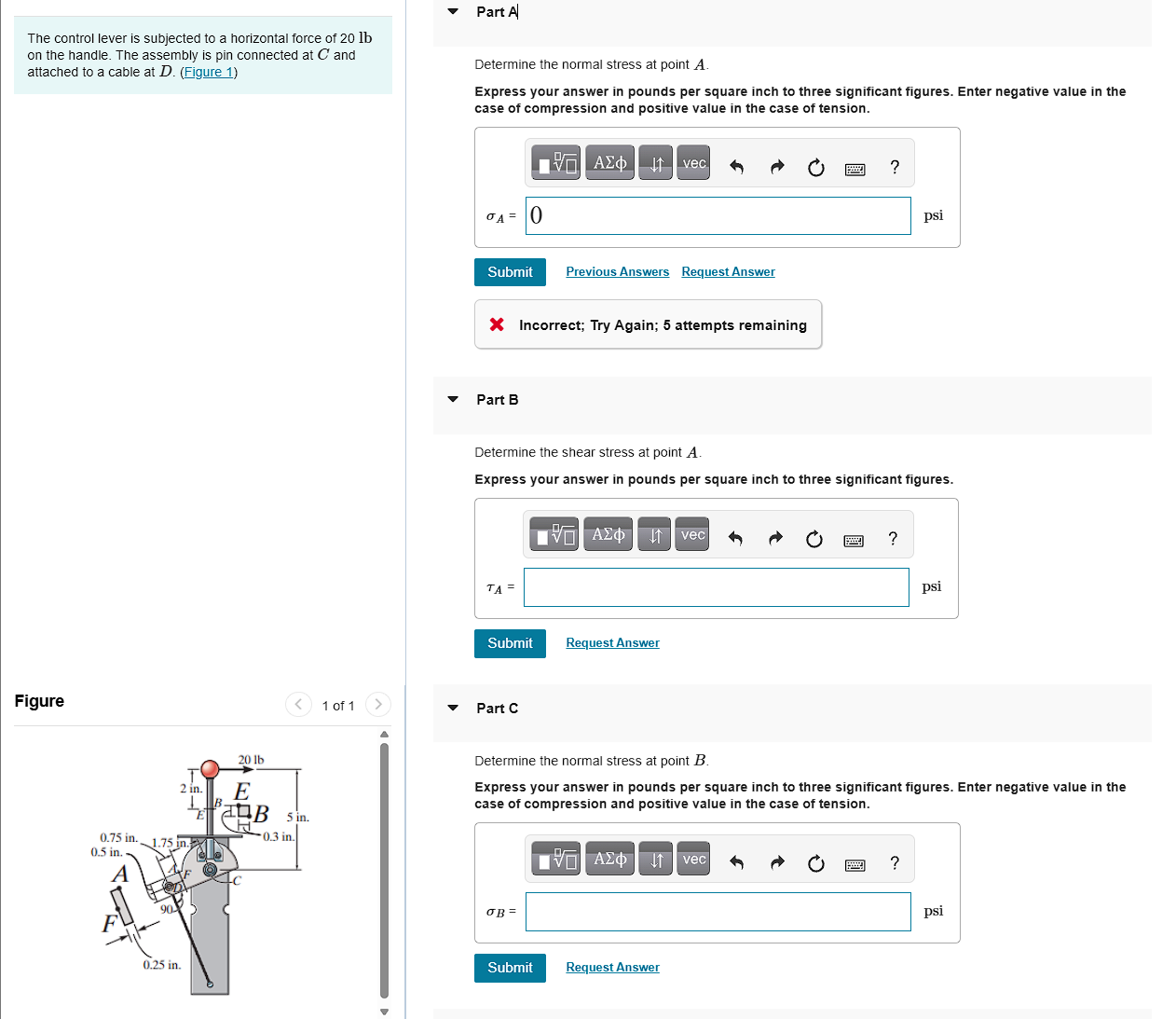 Solved The control lever is subjected to a horizontal force | Chegg.com