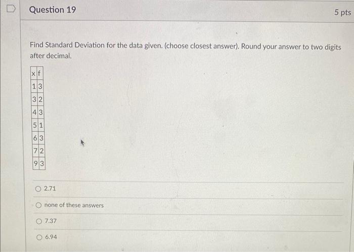 Solved Find Standard Deviation for the data given. (choose | Chegg.com